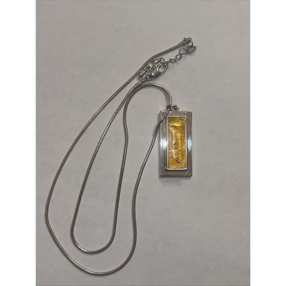 Yellow Swirl Resin Pendant & Matching Earrings w/20” Silver Chain Leaf Detail - Picture 6 of 9